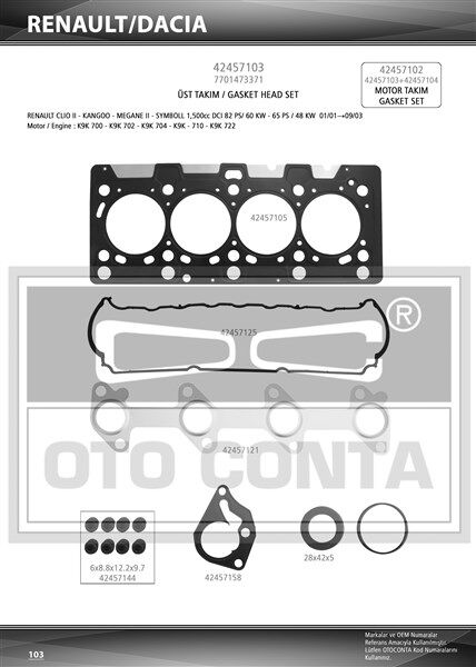 MOTOR TAKIM CONTA MEGANE II 02> CLIO II 98> SCENIC II 03> KANGOO 01> CLIO SYMBOL I 01>09 MICRA III (K12) 03>10 1.5dCi K9K (TEFLON KEÇELİ+SUBAP LASTİKLİ+SKC`Lİ)
