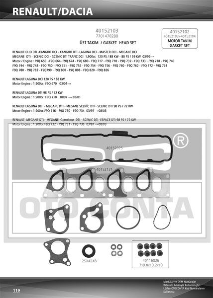 MOTOR TAKIM CONTA SKC`SİZ MEGANE I-II SCENIC I-II CLIO II-LAGUNA I-II KANGOO 96>  VİVARO A-MOVANO A-CARISMA-SPACE STAR MPV-PRİMERA VOLVO S40 96> 1.9dCi F9Q